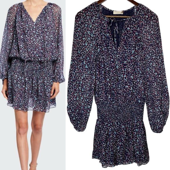 Ramy Brook Beckam Silk Blouson Mini Dress Printed V-Neck Long-Sleeve size Small - Picture 1 of 7